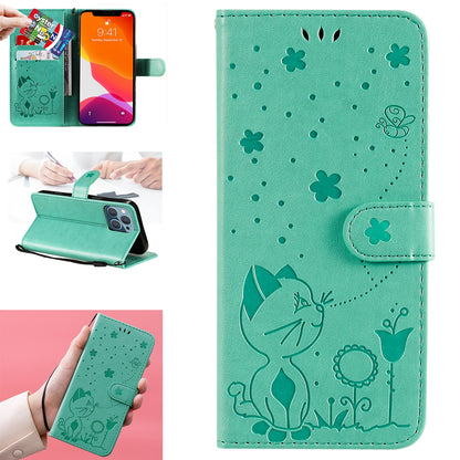 For Apple iPhone 13 Pro Cat and Bee Embossed Flip Leather Phone Case Wallet Cover with Card Slots Cash Pocket Magnetic Stand Protective Shockproof TPU PU Leather Case with Wrist Strap