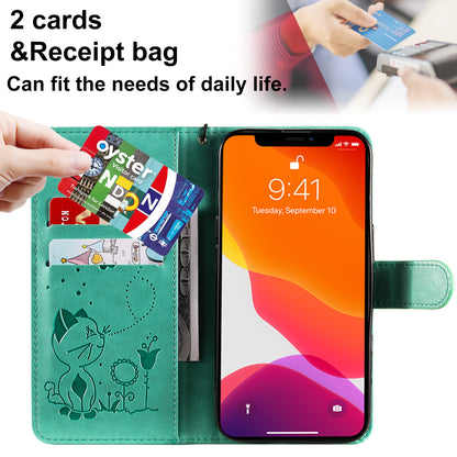 For Apple iPhone 13 Pro Cat and Bee Embossed Flip Leather Phone Case Wallet Cover with Card Slots Cash Pocket Magnetic Stand Protective Shockproof TPU PU Leather Case with Wrist Strap