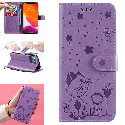 For Apple iPhone 13 Pro Cat and Bee Embossed Flip Leather Phone Case Wallet Cover with Card Slots Cash Pocket Magnetic Stand Protective Shockproof TPU PU Leather Case with Wrist Strap