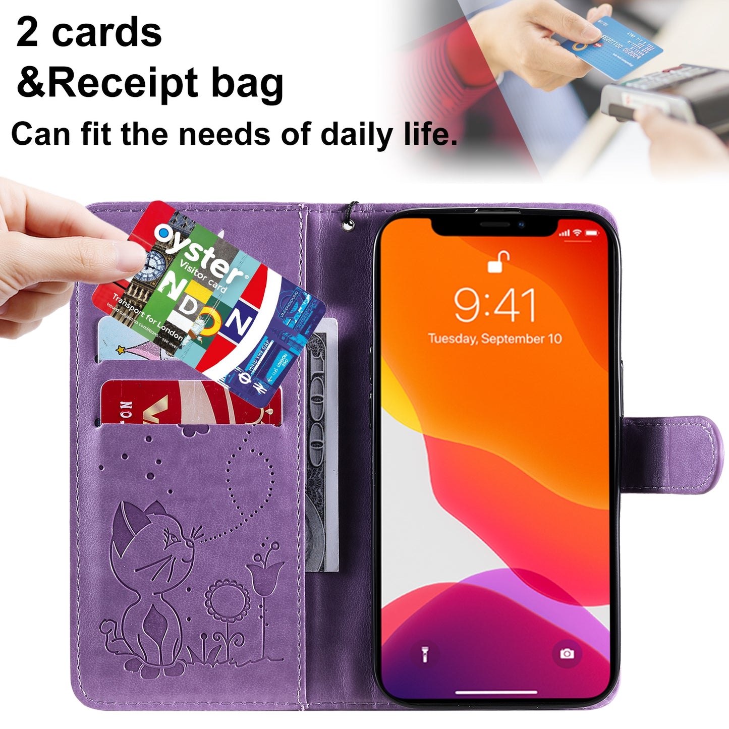 For Apple iPhone 13 Pro Cat and Bee Embossed Flip Leather Phone Case Wallet Cover with Card Slots Cash Pocket Magnetic Stand Protective Shockproof TPU PU Leather Case with Wrist Strap