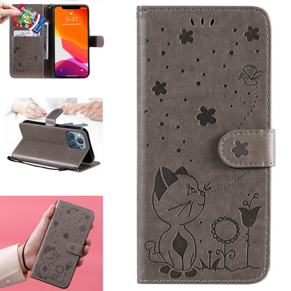 For Apple iPhone 13 Pro Cat and Bee Embossed Flip Leather Phone Case Wallet Cover with Card Slots Cash Pocket Magnetic Stand Protective Shockproof TPU PU Leather Case with Wrist Strap