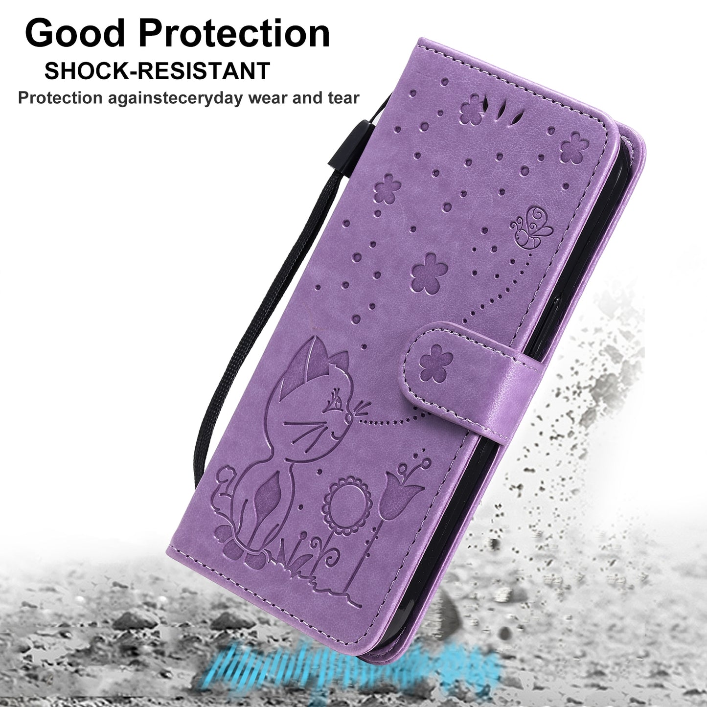 For Apple iPhone 13 Pro Cat and Bee Embossed Flip Leather Phone Case Wallet Cover with Card Slots Cash Pocket Magnetic Stand Protective Shockproof TPU PU Leather Case with Wrist Strap