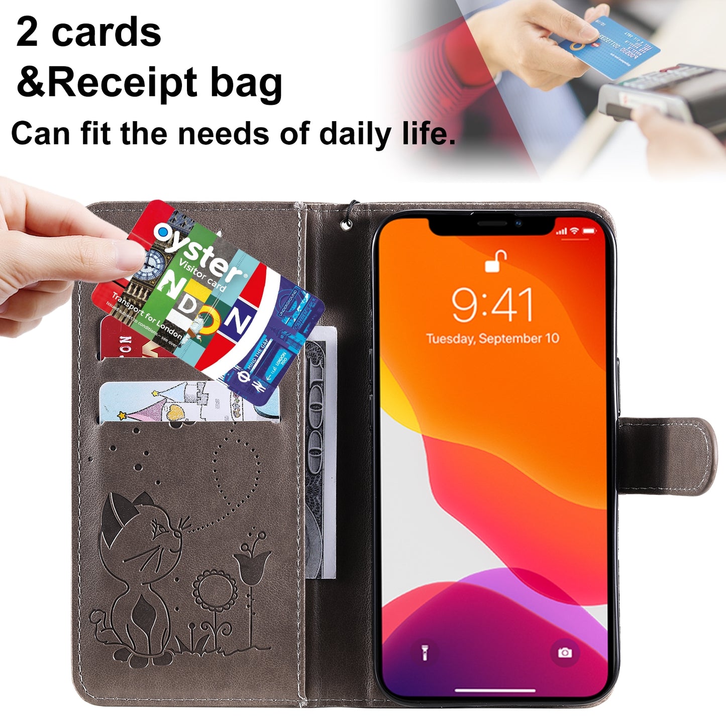 For Apple iPhone 13 Pro Cat and Bee Embossed Flip Leather Phone Case Wallet Cover with Card Slots Cash Pocket Magnetic Stand Protective Shockproof TPU PU Leather Case with Wrist Strap