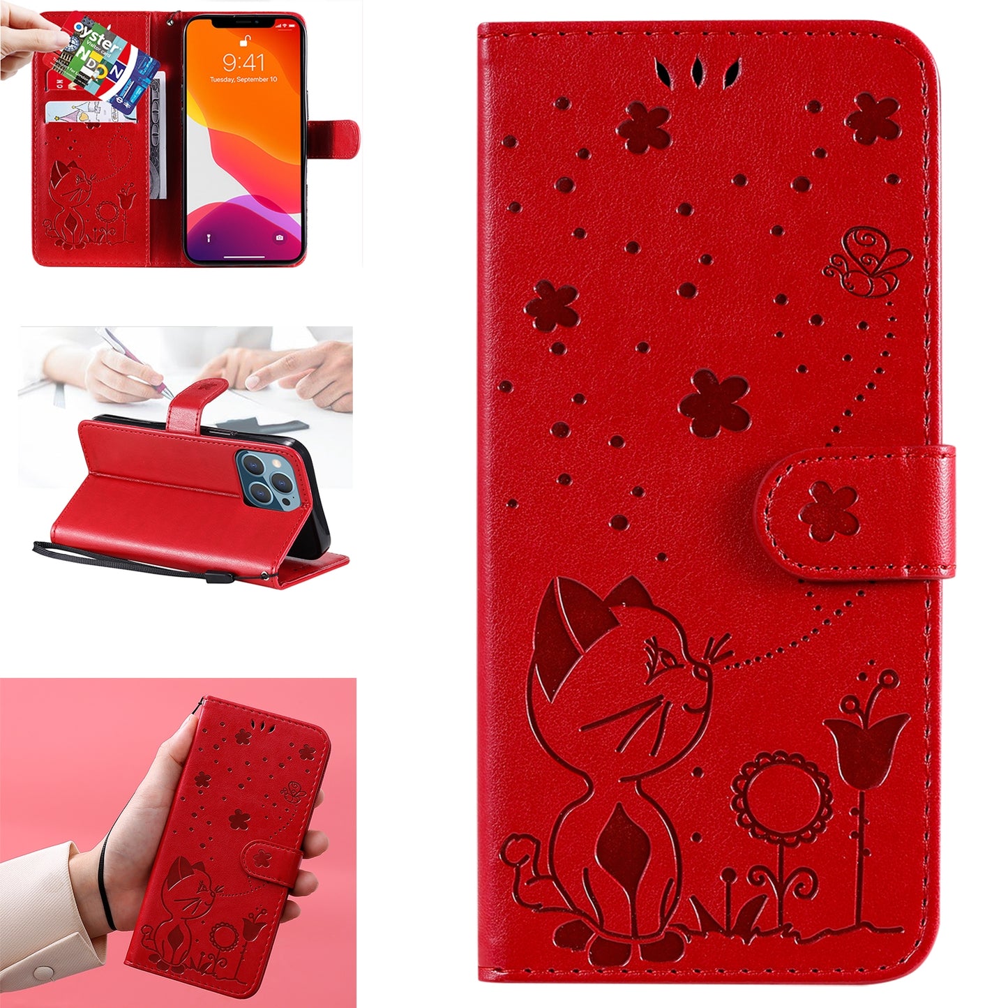 For Apple iPhone 13 Pro Cat and Bee Embossed Flip Leather Phone Case Wallet Cover with Card Slots Cash Pocket Magnetic Stand Protective Shockproof TPU PU Leather Case with Wrist Strap