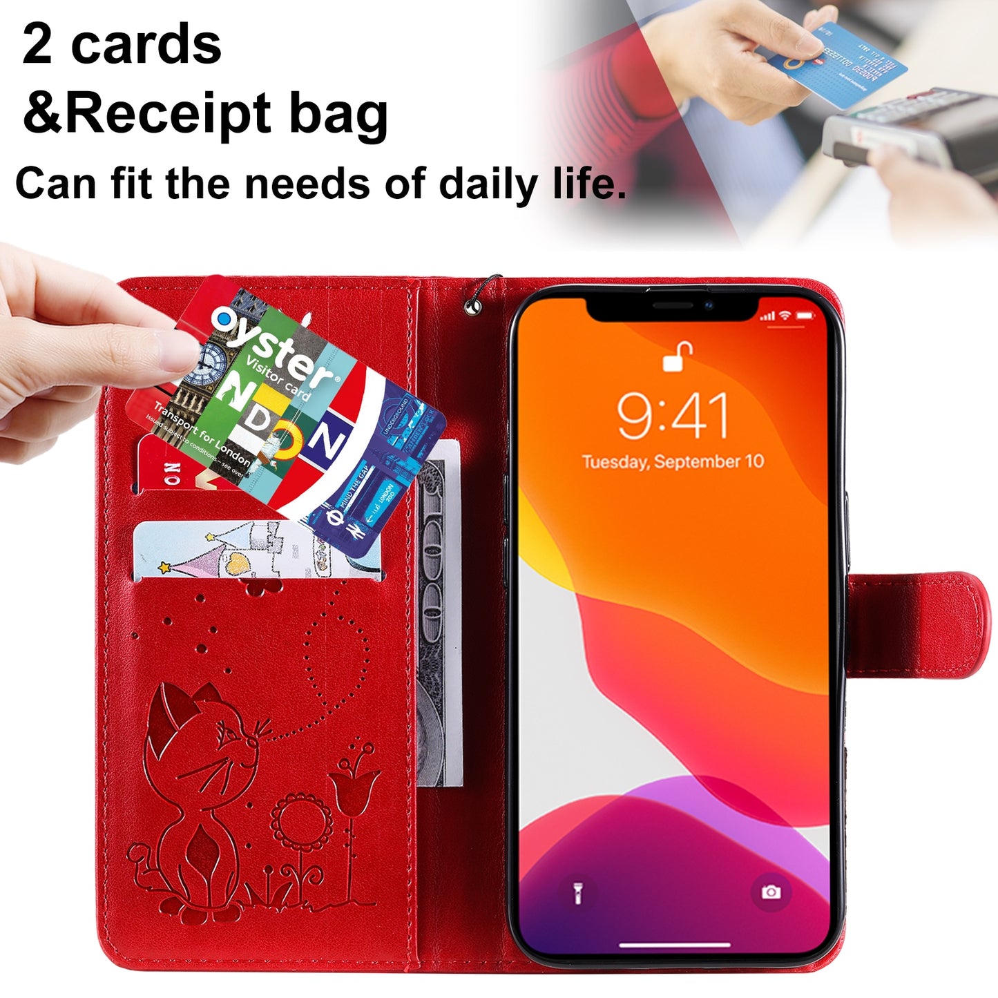 For Apple iPhone 13 Pro Cat and Bee Embossed Flip Leather Phone Case Wallet Cover with Card Slots Cash Pocket Magnetic Stand Protective Shockproof TPU PU Leather Case with Wrist Strap
