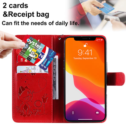 For Apple iPhone 13 Pro Cat and Bee Embossed Flip Leather Phone Case Wallet Cover with Card Slots Cash Pocket Magnetic Stand Protective Shockproof TPU PU Leather Case with Wrist Strap