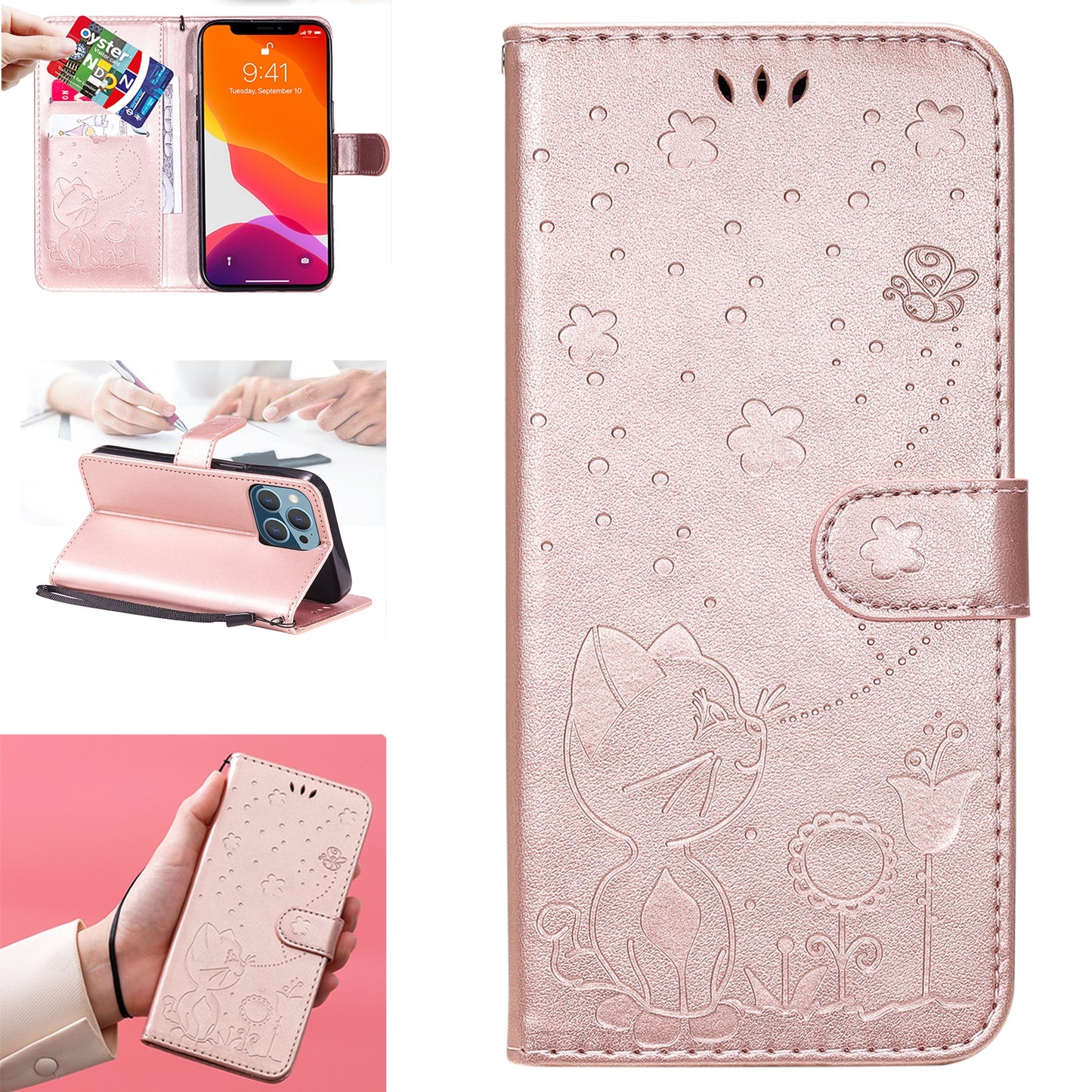 For Apple iPhone 13 Pro Cat and Bee Embossed Flip Leather Phone Case Wallet Cover with Card Slots Cash Pocket Magnetic Stand Protective Shockproof TPU PU Leather Case with Wrist Strap