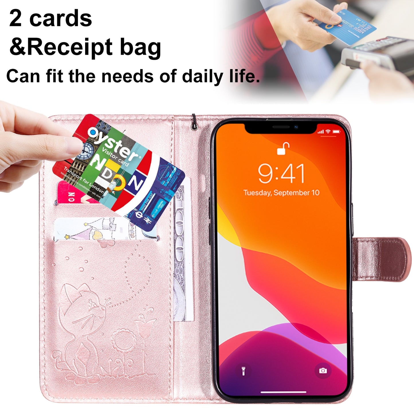 For Apple iPhone 13 Pro Cat and Bee Embossed Flip Leather Phone Case Wallet Cover with Card Slots Cash Pocket Magnetic Stand Protective Shockproof TPU PU Leather Case with Wrist Strap