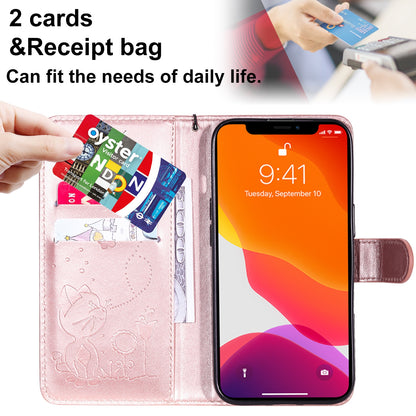 For Apple iPhone 13 Pro Cat and Bee Embossed Flip Leather Phone Case Wallet Cover with Card Slots Cash Pocket Magnetic Stand Protective Shockproof TPU PU Leather Case with Wrist Strap