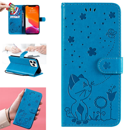 For Apple iPhone 13 Pro Max Cat and Bee Embossed Flip Leather Phone Case Wallet Cover with Card Slots Cash Pocket Magnetic Stand Protective Shockproof TPU PU Leather Case with Wrist Strap