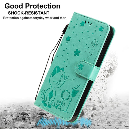 For Apple iPhone 13 Pro Max Cat and Bee Embossed Flip Leather Phone Case Wallet Cover with Card Slots Cash Pocket Magnetic Stand Protective Shockproof TPU PU Leather Case with Wrist Strap