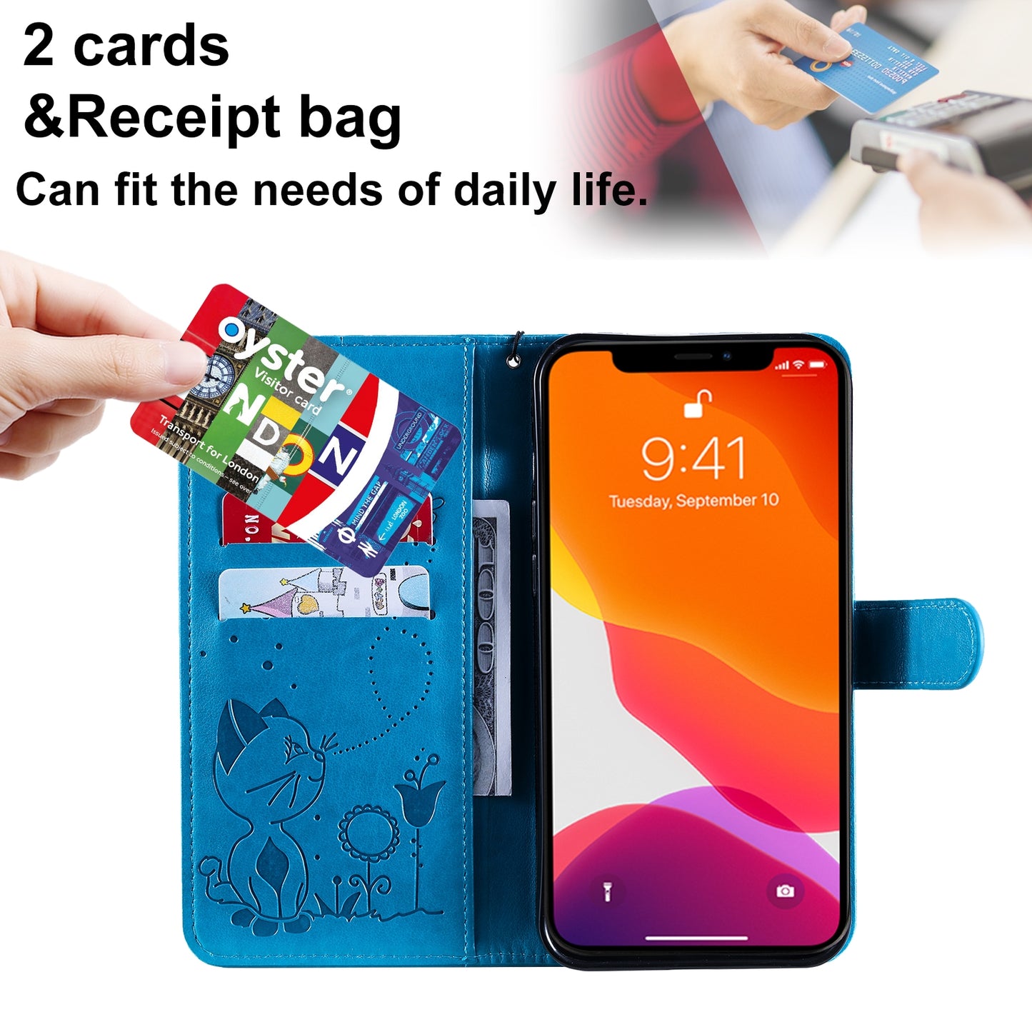 For Apple iPhone 13 Pro Max Cat and Bee Embossed Flip Leather Phone Case Wallet Cover with Card Slots Cash Pocket Magnetic Stand Protective Shockproof TPU PU Leather Case with Wrist Strap