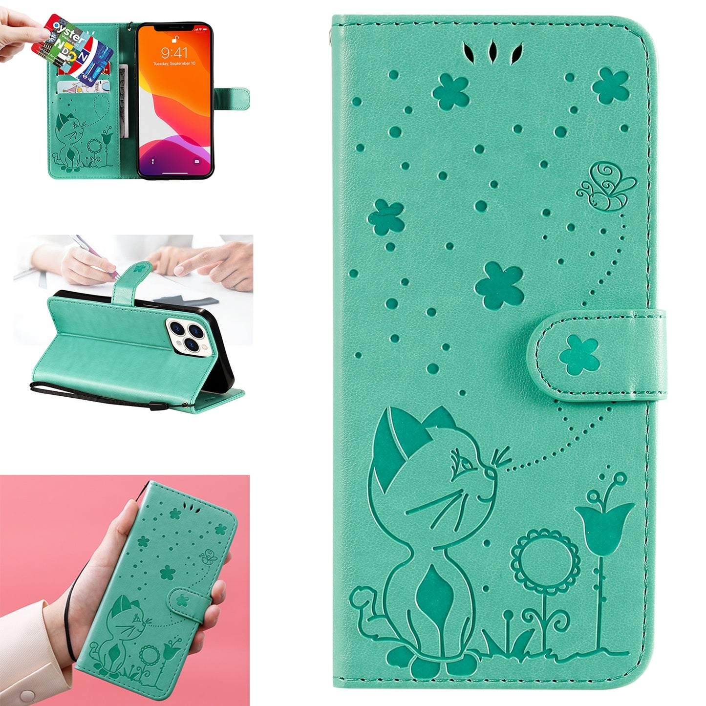 For Apple iPhone 13 Pro Max Cat and Bee Embossed Flip Leather Phone Case Wallet Cover with Card Slots Cash Pocket Magnetic Stand Protective Shockproof TPU PU Leather Case with Wrist Strap