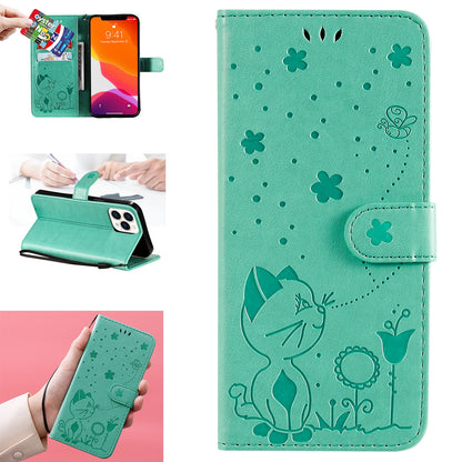 For Apple iPhone 13 Pro Max Cat and Bee Embossed Flip Leather Phone Case Wallet Cover with Card Slots Cash Pocket Magnetic Stand Protective Shockproof TPU PU Leather Case with Wrist Strap