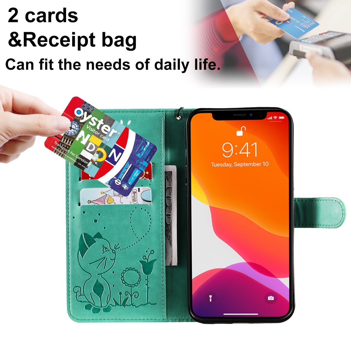 For Apple iPhone 13 Pro Max Cat and Bee Embossed Flip Leather Phone Case Wallet Cover with Card Slots Cash Pocket Magnetic Stand Protective Shockproof TPU PU Leather Case with Wrist Strap