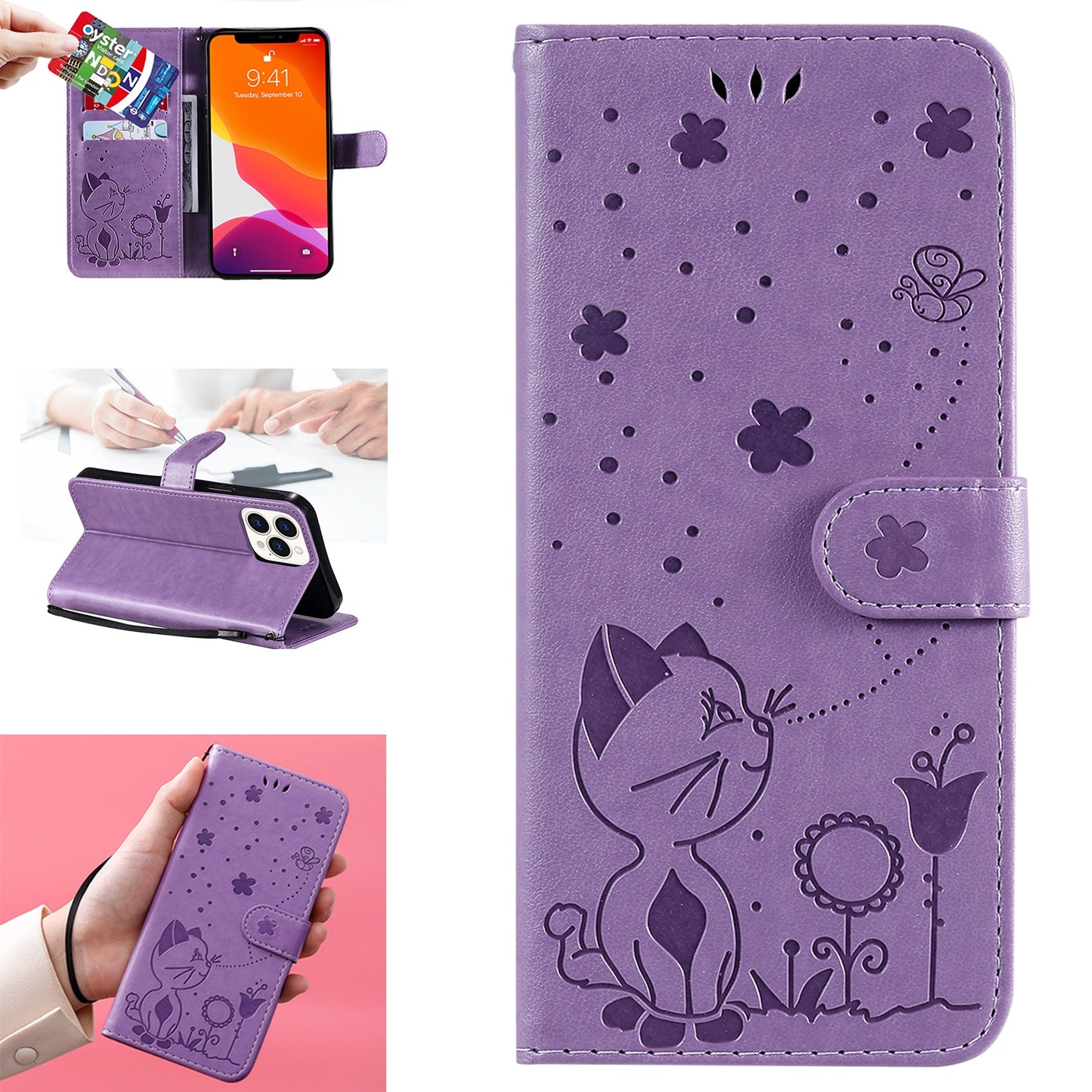 For Apple iPhone 13 Pro Max Cat and Bee Embossed Flip Leather Phone Case Wallet Cover with Card Slots Cash Pocket Magnetic Stand Protective Shockproof TPU PU Leather Case with Wrist Strap