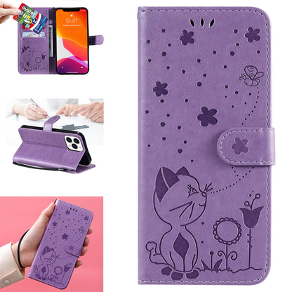For Apple iPhone 13 Pro Max Cat and Bee Embossed Flip Leather Phone Case Wallet Cover with Card Slots Cash Pocket Magnetic Stand Protective Shockproof TPU PU Leather Case with Wrist Strap
