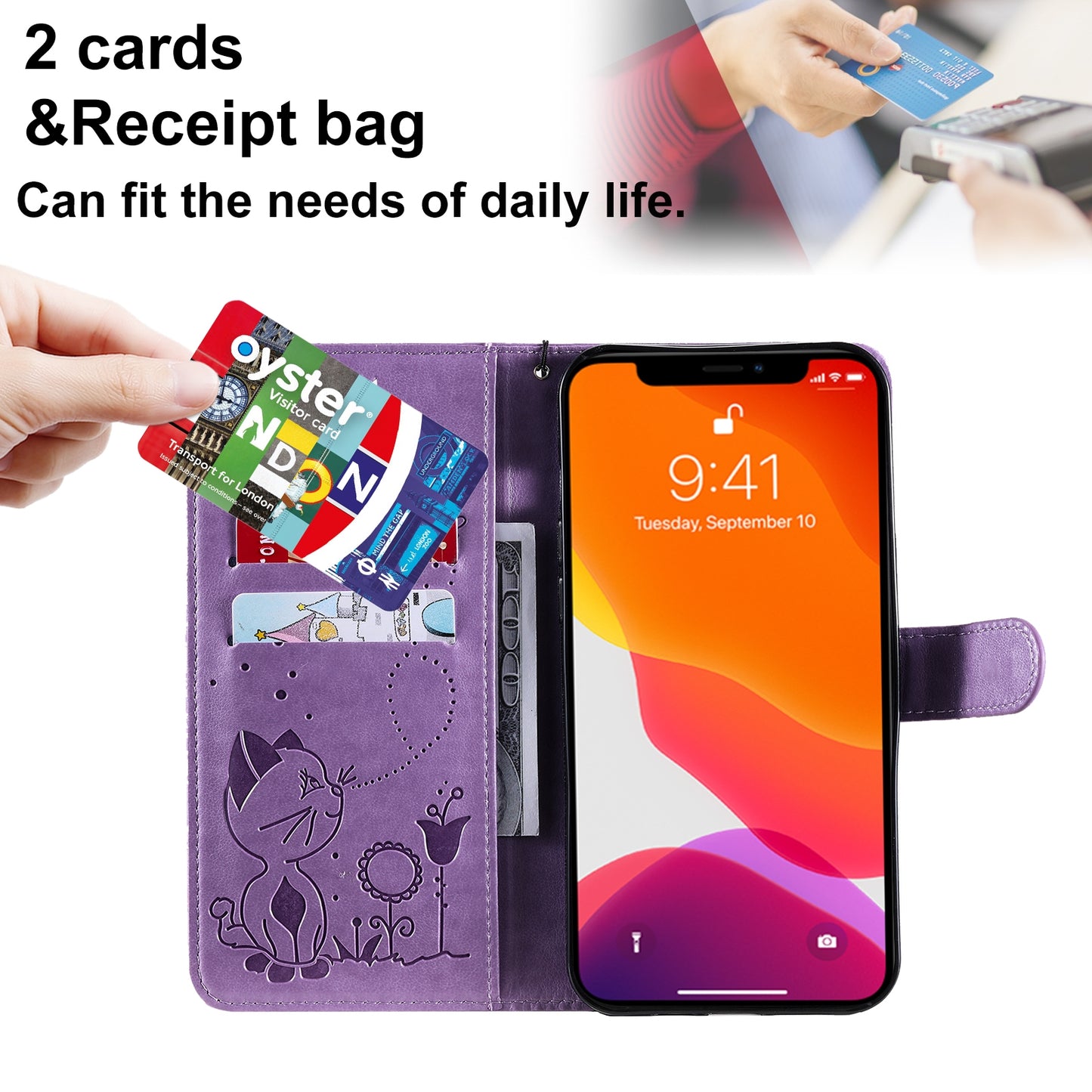 For Apple iPhone 13 Pro Max Cat and Bee Embossed Flip Leather Phone Case Wallet Cover with Card Slots Cash Pocket Magnetic Stand Protective Shockproof TPU PU Leather Case with Wrist Strap