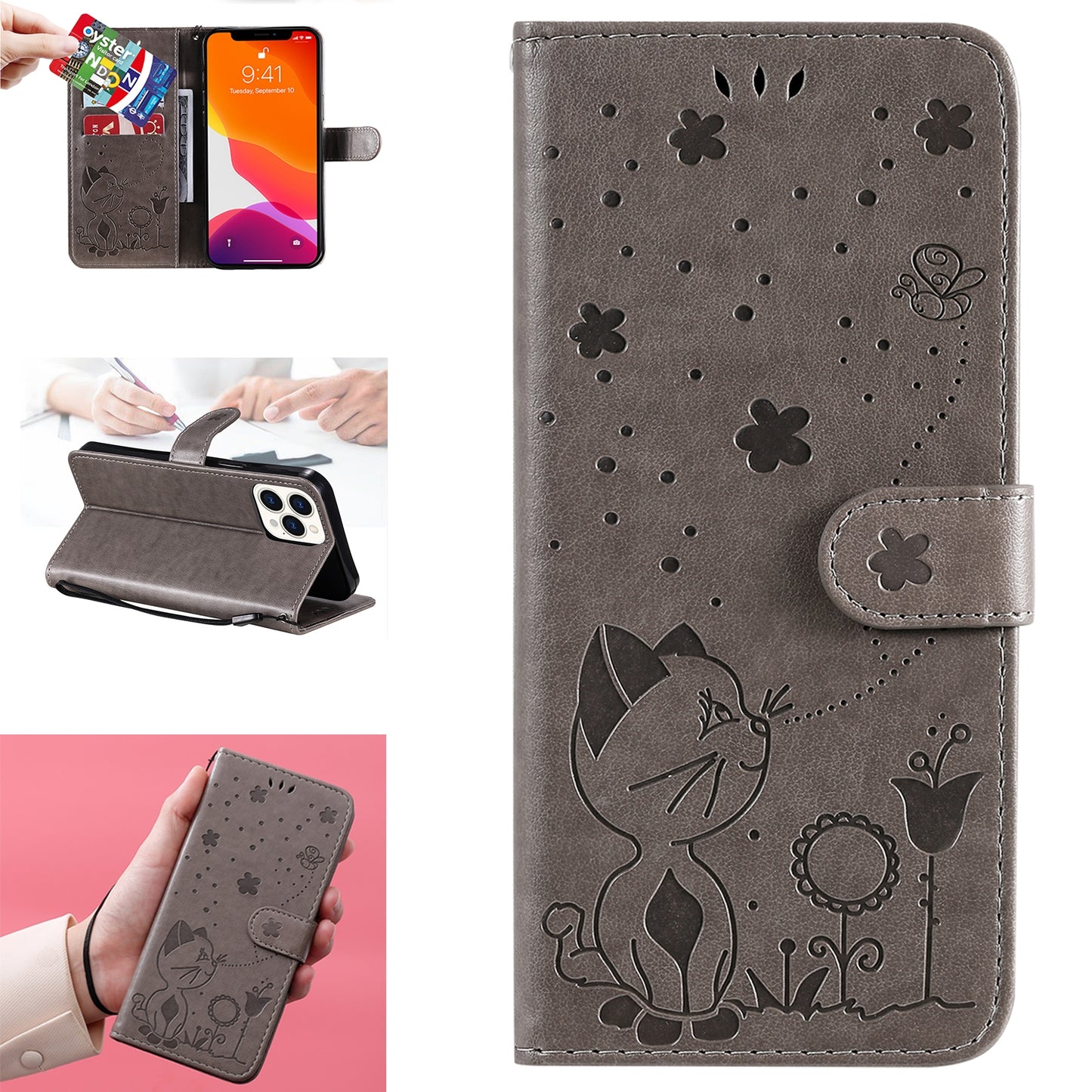 For Apple iPhone 13 Pro Max Cat and Bee Embossed Flip Leather Phone Case Wallet Cover with Card Slots Cash Pocket Magnetic Stand Protective Shockproof TPU PU Leather Case with Wrist Strap