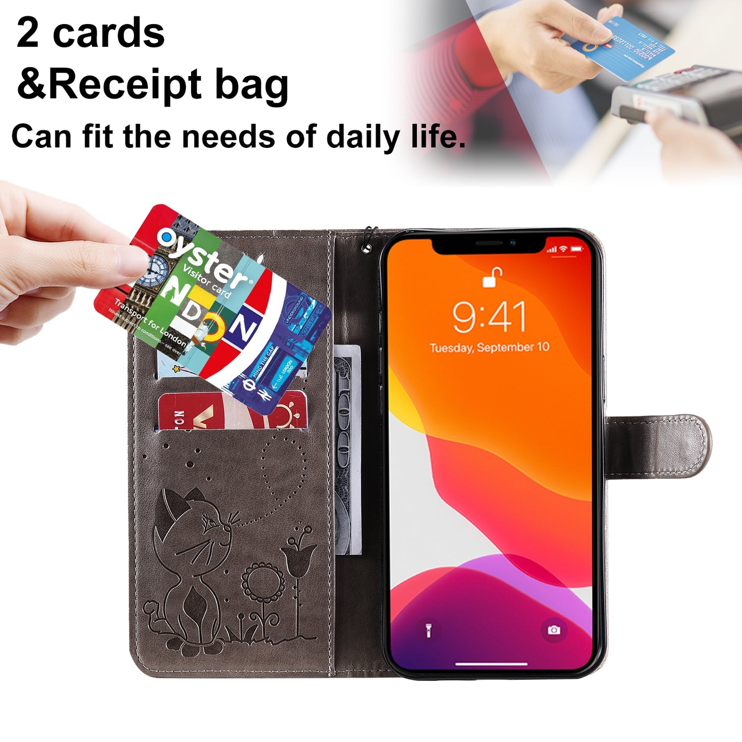 For Apple iPhone 13 Pro Max Cat and Bee Embossed Flip Leather Phone Case Wallet Cover with Card Slots Cash Pocket Magnetic Stand Protective Shockproof TPU PU Leather Case with Wrist Strap
