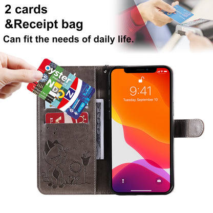 For Apple iPhone 13 Pro Max Cat and Bee Embossed Flip Leather Phone Case Wallet Cover with Card Slots Cash Pocket Magnetic Stand Protective Shockproof TPU PU Leather Case with Wrist Strap