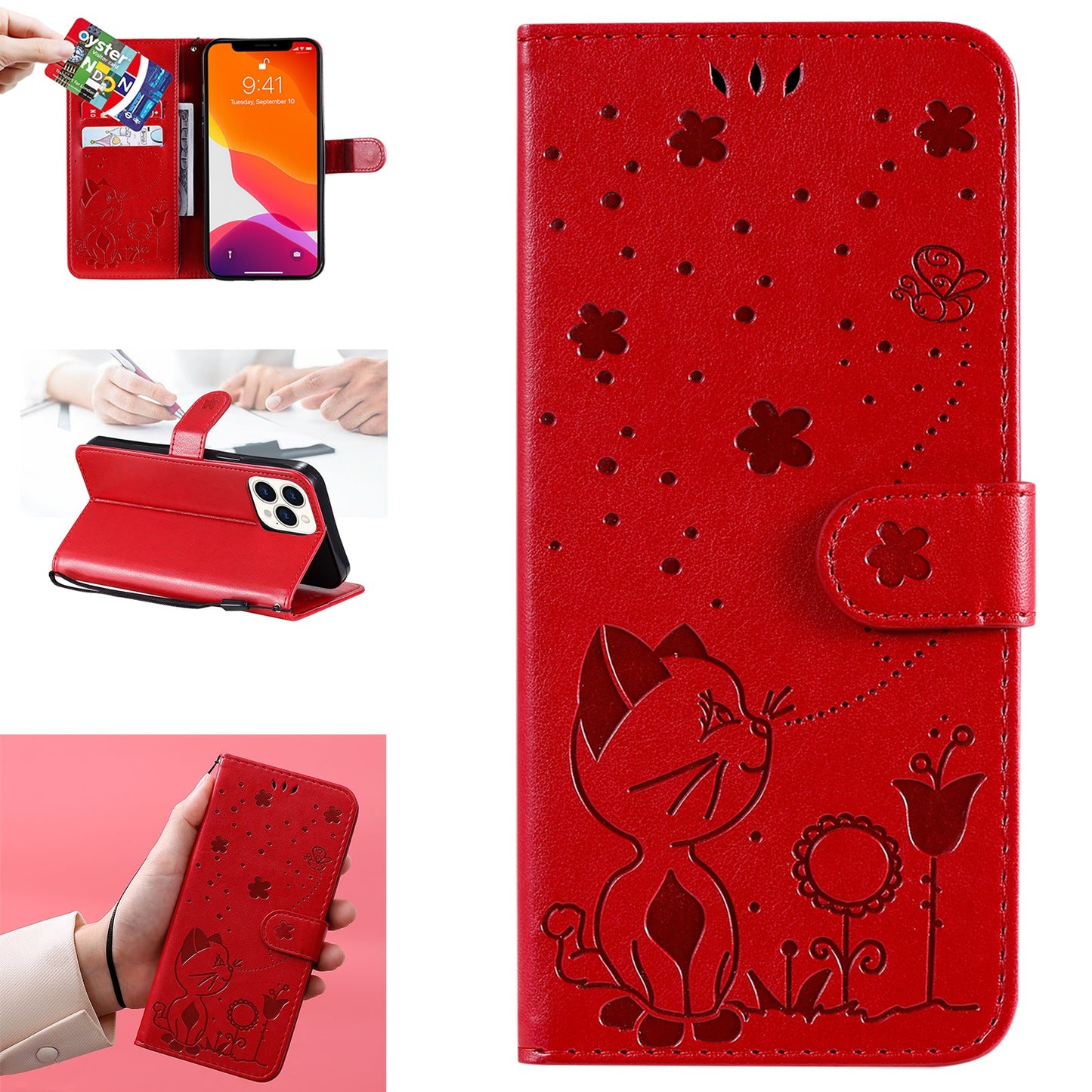 For Apple iPhone 13 Pro Max Cat and Bee Embossed Flip Leather Phone Case Wallet Cover with Card Slots Cash Pocket Magnetic Stand Protective Shockproof TPU PU Leather Case with Wrist Strap