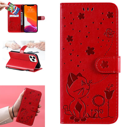 For Apple iPhone 13 Pro Max Cat and Bee Embossed Flip Leather Phone Case Wallet Cover with Card Slots Cash Pocket Magnetic Stand Protective Shockproof TPU PU Leather Case with Wrist Strap