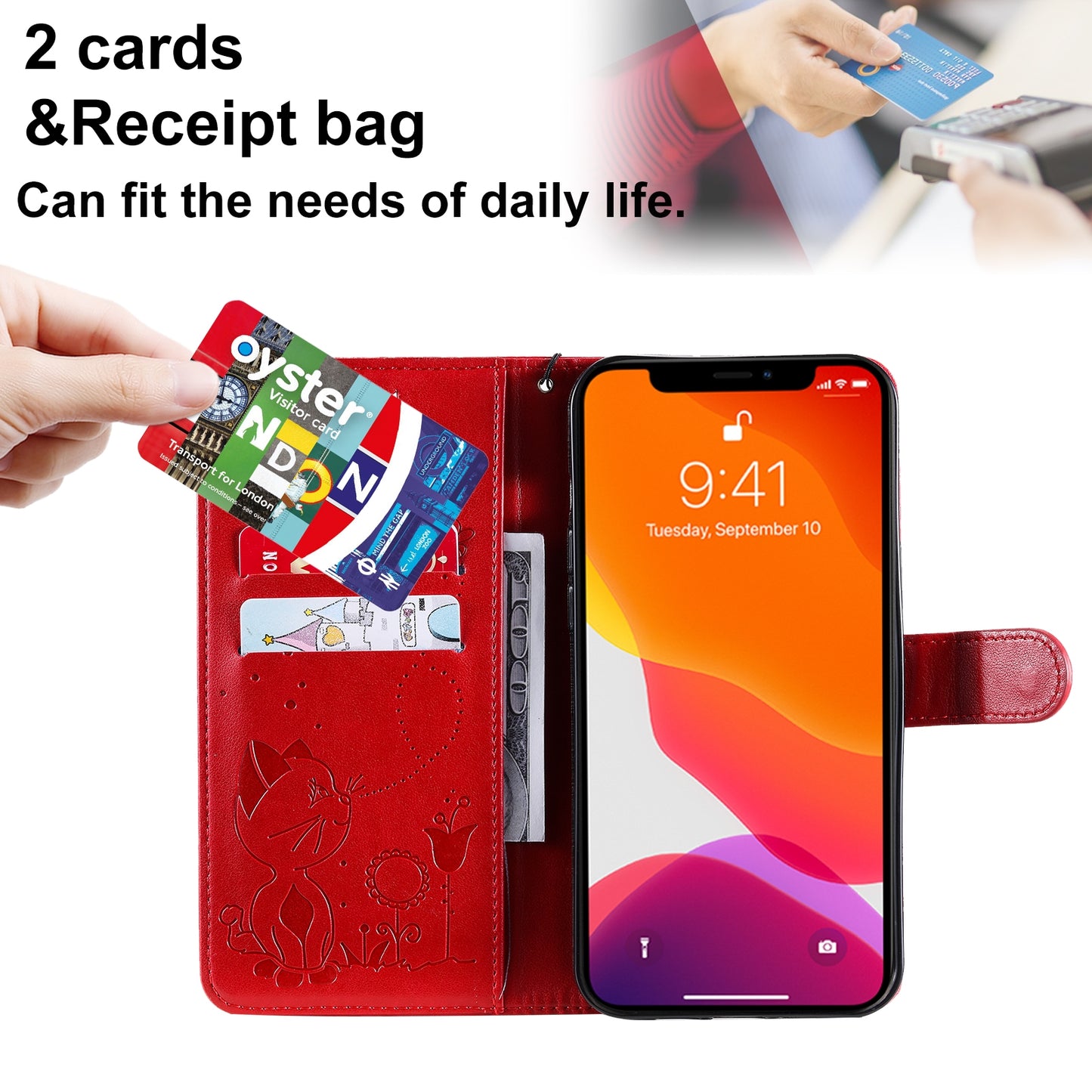 For Apple iPhone 13 Pro Max Cat and Bee Embossed Flip Leather Phone Case Wallet Cover with Card Slots Cash Pocket Magnetic Stand Protective Shockproof TPU PU Leather Case with Wrist Strap
