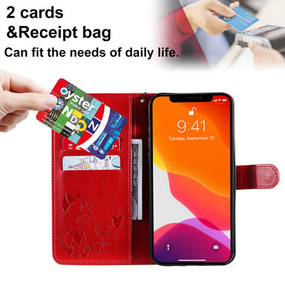 For Apple iPhone 13 Pro Max Cat and Bee Embossed Flip Leather Phone Case Wallet Cover with Card Slots Cash Pocket Magnetic Stand Protective Shockproof TPU PU Leather Case with Wrist Strap