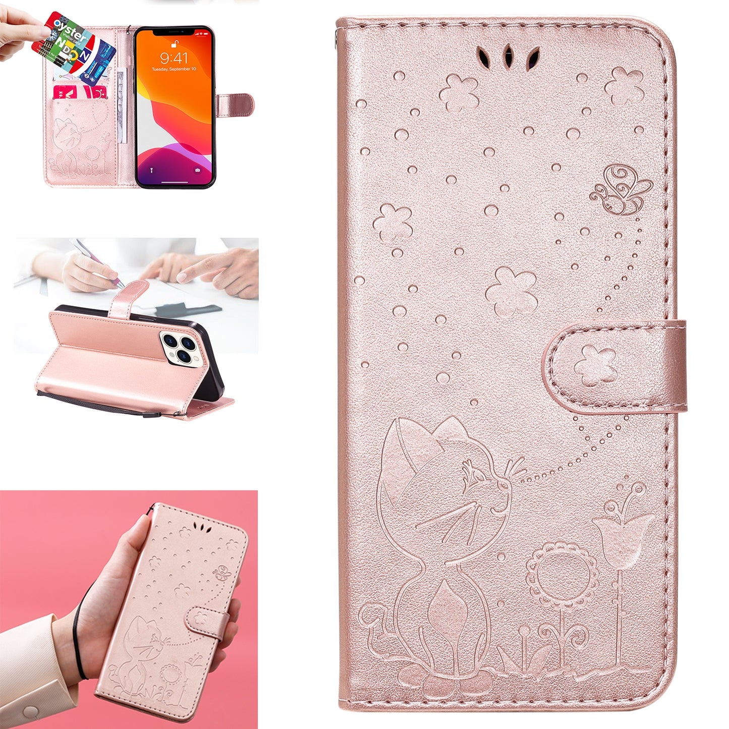 For Apple iPhone 13 Pro Max Cat and Bee Embossed Flip Leather Phone Case Wallet Cover with Card Slots Cash Pocket Magnetic Stand Protective Shockproof TPU PU Leather Case with Wrist Strap