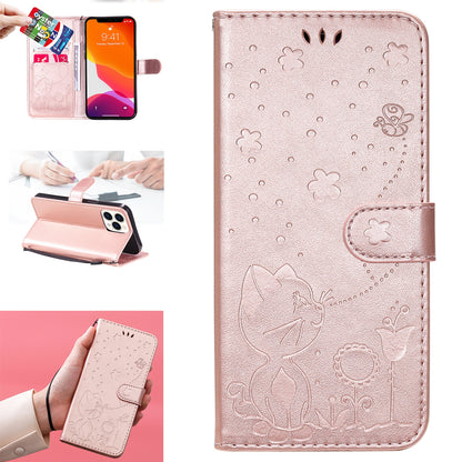 For Apple iPhone 13 Pro Max Cat and Bee Embossed Flip Leather Phone Case Wallet Cover with Card Slots Cash Pocket Magnetic Stand Protective Shockproof TPU PU Leather Case with Wrist Strap
