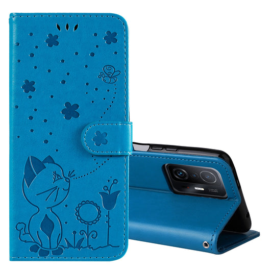For Xiaomi 11T Pro Cat and Bee Embossed Flip Leather Phone Case Wallet Cover with Card Slots Cash Pocket Magnetic Stand Protective Shockproof TPU PU Leather Case with Wrist Strap