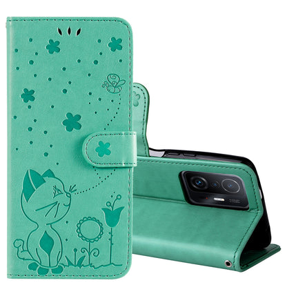For Xiaomi Mi 11T Cat and Bee Embossed Flip Leather Phone Case Wallet Cover with Card Slots Cash Pocket Magnetic Stand Protective Shockproof TPU PU Leather Case with Wrist Strap