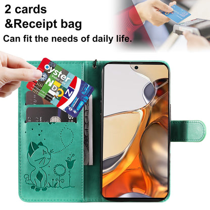 For Xiaomi Mi 11T Cat and Bee Embossed Flip Leather Phone Case Wallet Cover with Card Slots Cash Pocket Magnetic Stand Protective Shockproof TPU PU Leather Case with Wrist Strap