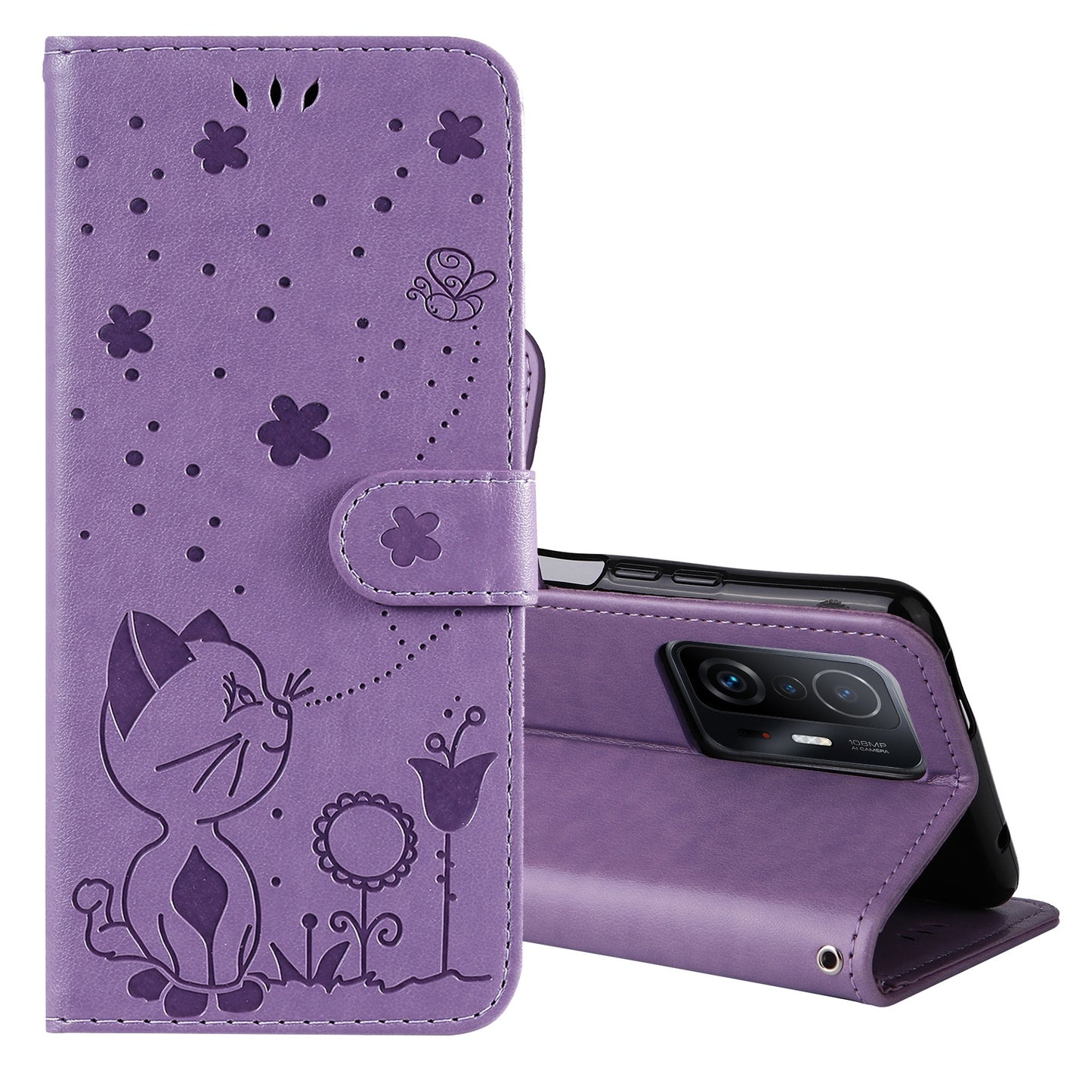 For Xiaomi Mi 11T Cat and Bee Embossed Flip Leather Phone Case Wallet Cover with Card Slots Cash Pocket Magnetic Stand Protective Shockproof TPU PU Leather Case with Wrist Strap