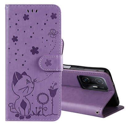 For Xiaomi 11T Pro Cat and Bee Embossed Flip Leather Phone Case Wallet Cover with Card Slots Cash Pocket Magnetic Stand Protective Shockproof TPU PU Leather Case with Wrist Strap