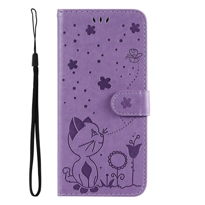 For Xiaomi 11T Pro Cat and Bee Embossed Flip Leather Phone Case Wallet Cover with Card Slots Cash Pocket Magnetic Stand Protective Shockproof TPU PU Leather Case with Wrist Strap