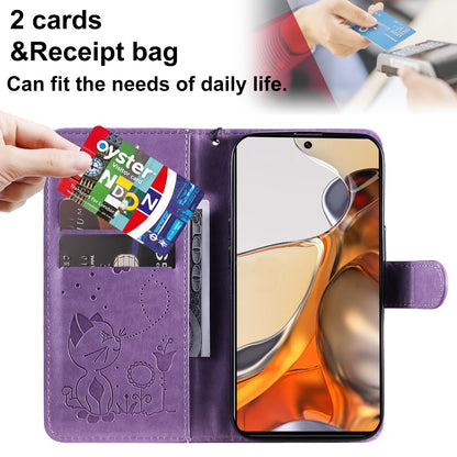 For Xiaomi 11T Pro Cat and Bee Embossed Flip Leather Phone Case Wallet Cover with Card Slots Cash Pocket Magnetic Stand Protective Shockproof TPU PU Leather Case with Wrist Strap