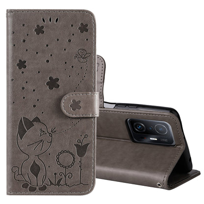 For Xiaomi Mi 11T Cat and Bee Embossed Flip Leather Phone Case Wallet Cover with Card Slots Cash Pocket Magnetic Stand Protective Shockproof TPU PU Leather Case with Wrist Strap