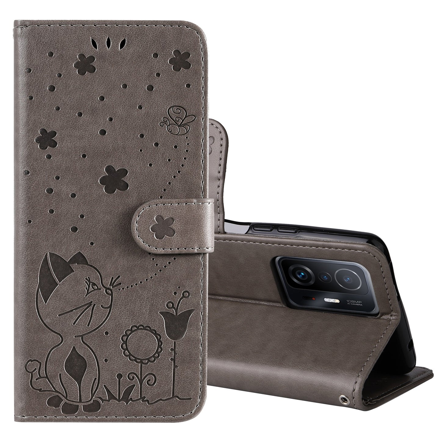 For Xiaomi 11T Pro Cat and Bee Embossed Flip Leather Phone Case Wallet Cover with Card Slots Cash Pocket Magnetic Stand Protective Shockproof TPU PU Leather Case with Wrist Strap