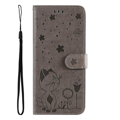 For Xiaomi 11T Pro Cat and Bee Embossed Flip Leather Phone Case Wallet Cover with Card Slots Cash Pocket Magnetic Stand Protective Shockproof TPU PU Leather Case with Wrist Strap