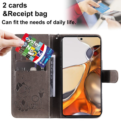 For Xiaomi 11T Pro Cat and Bee Embossed Flip Leather Phone Case Wallet Cover with Card Slots Cash Pocket Magnetic Stand Protective Shockproof TPU PU Leather Case with Wrist Strap