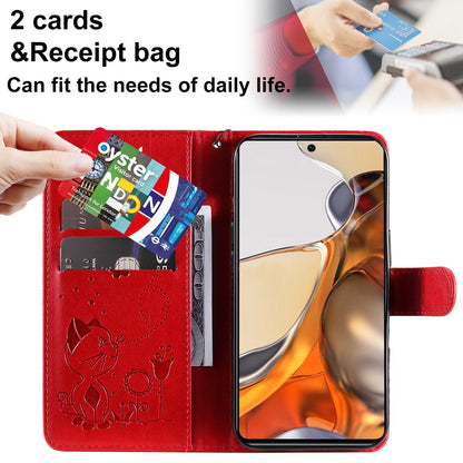 For Xiaomi Mi 11T Cat and Bee Embossed Flip Leather Phone Case Wallet Cover with Card Slots Cash Pocket Magnetic Stand Protective Shockproof TPU PU Leather Case with Wrist Strap