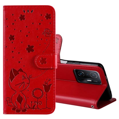 For Xiaomi 11T Pro Cat and Bee Embossed Flip Leather Phone Case Wallet Cover with Card Slots Cash Pocket Magnetic Stand Protective Shockproof TPU PU Leather Case with Wrist Strap