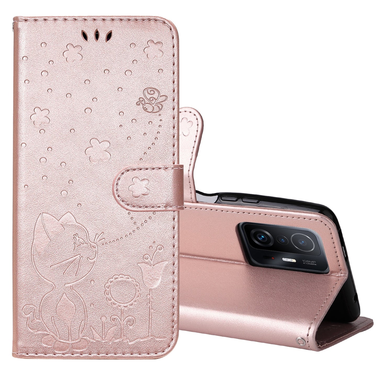 For Xiaomi Mi 11T Cat and Bee Embossed Flip Leather Phone Case Wallet Cover with Card Slots Cash Pocket Magnetic Stand Protective Shockproof TPU PU Leather Case with Wrist Strap
