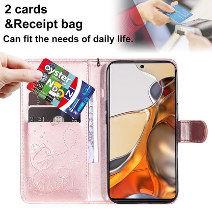 For Xiaomi Mi 11T Cat and Bee Embossed Flip Leather Phone Case Wallet Cover with Card Slots Cash Pocket Magnetic Stand Protective Shockproof TPU PU Leather Case with Wrist Strap
