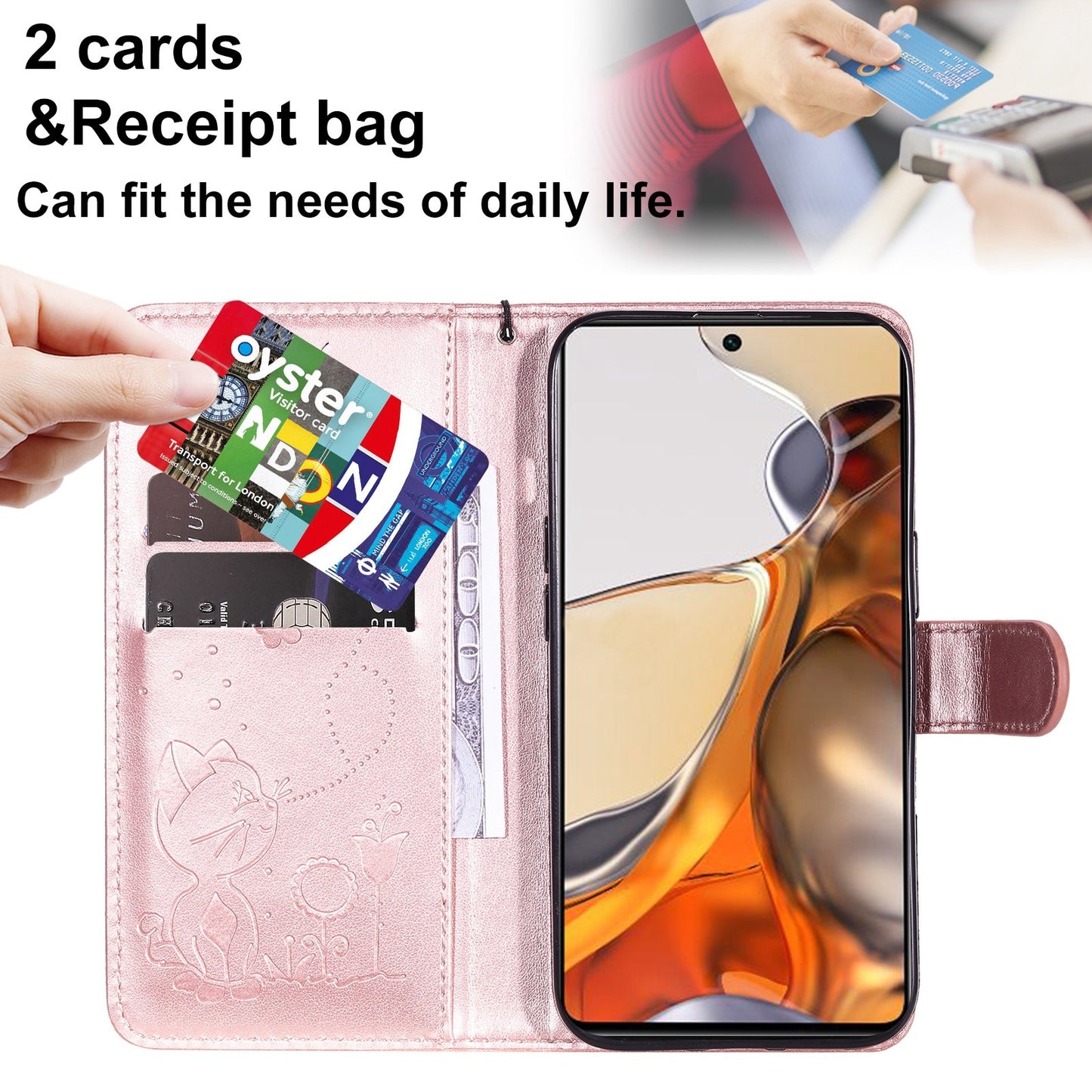 For Xiaomi 11T Pro Cat and Bee Embossed Flip Leather Phone Case Wallet Cover with Card Slots Cash Pocket Magnetic Stand Protective Shockproof TPU PU Leather Case with Wrist Strap