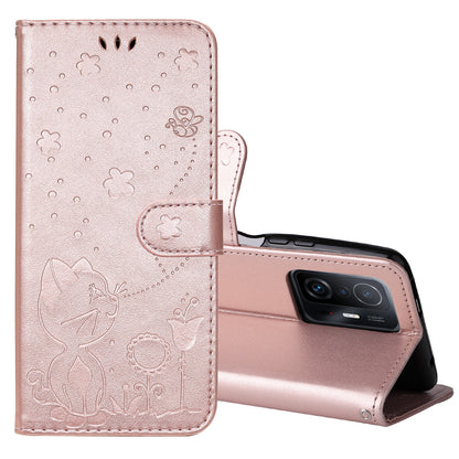 For Xiaomi 11T Pro Cat and Bee Embossed Flip Leather Phone Case Wallet Cover with Card Slots Cash Pocket Magnetic Stand Protective Shockproof TPU PU Leather Case with Wrist Strap