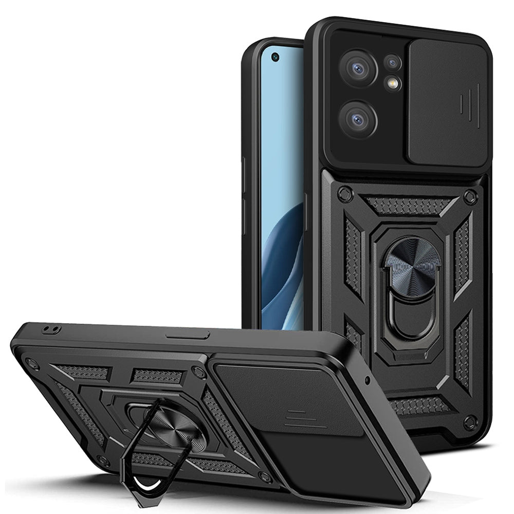 OPPO Reno7 5G Sliding Camera Cover Magnetic Ring Stand Shockproof TPU + PC Protective Phone Case