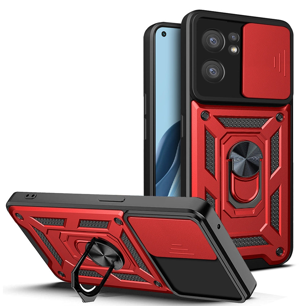 OPPO Reno7 5G Sliding Camera Cover Magnetic Ring Stand Shockproof TPU + PC Protective Phone Case